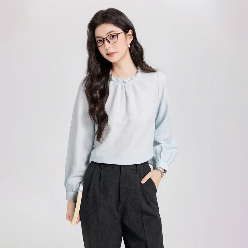 

Blue Linen Women's Shirt Lightweight Summer Blouse for Business Casual Wear 2026 Style