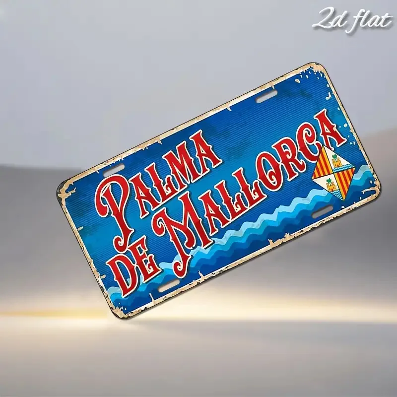 HD Aluminum Print, Vintage Palma de Mallorca Spain Coastal City License Plate Style Wall Art, High Definition Bend-Resistant Met