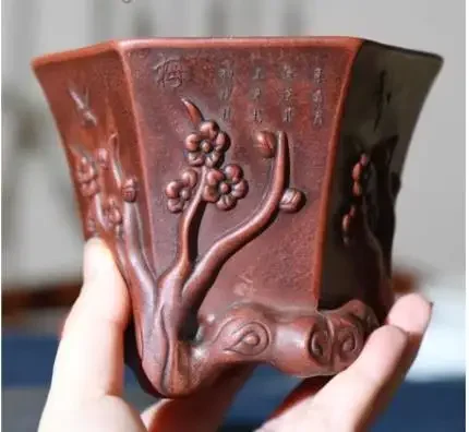 Chinese Yixing Purple Clay Flower Pot Bonsai Handmade Flower Carving Succulent Home Desktop Decoration Flower