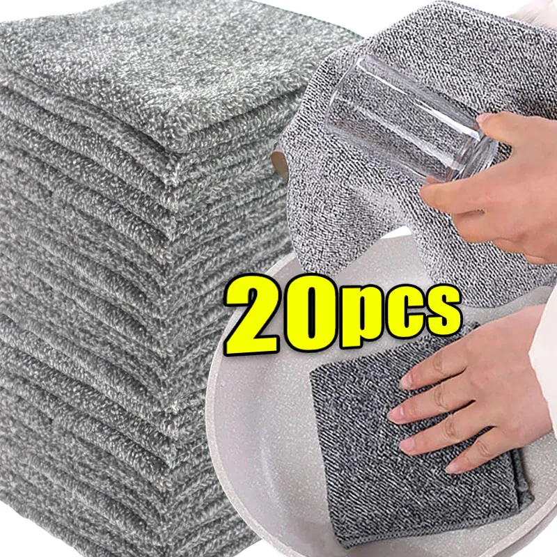 1/20PCS Gray Bamboo Charcoal Thickened Super Absorbent Dishcloth Anti-grease Kitchen Wiping Rags Microfiber Cleaning Cloths