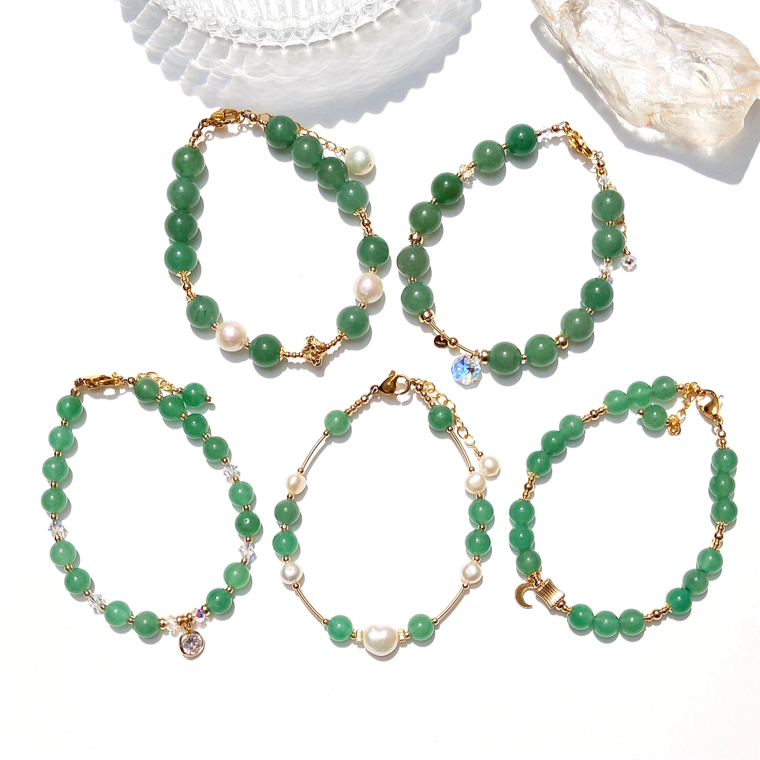 Lii Ji Green Aventurine Natural Stone 2-8mm Beaded Bracelet14K Gold Filled Charms Bracelet Handmade Jewelry