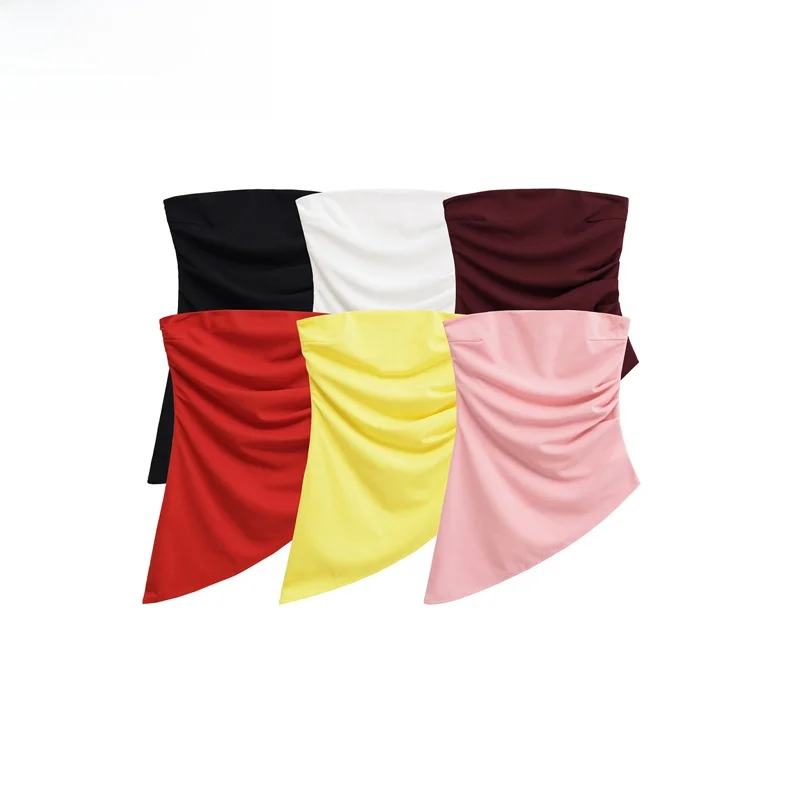 

ZBZR Spring New Women's Faion Pleated Waist-Cinching Slim Asymmetrical Top Zipper Sle ort Length Color