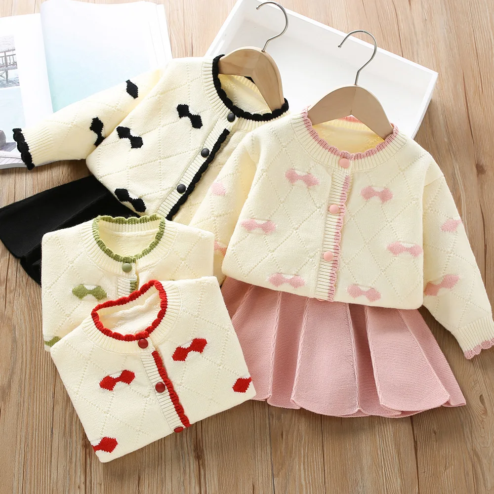 MILANCEL 1-5 Y Trendy Girls' Outfit Childrens Sweater Set Knitted Bow Cardigan and Skirt 2Pcs Spring Autumn Kid's Clothing Suit