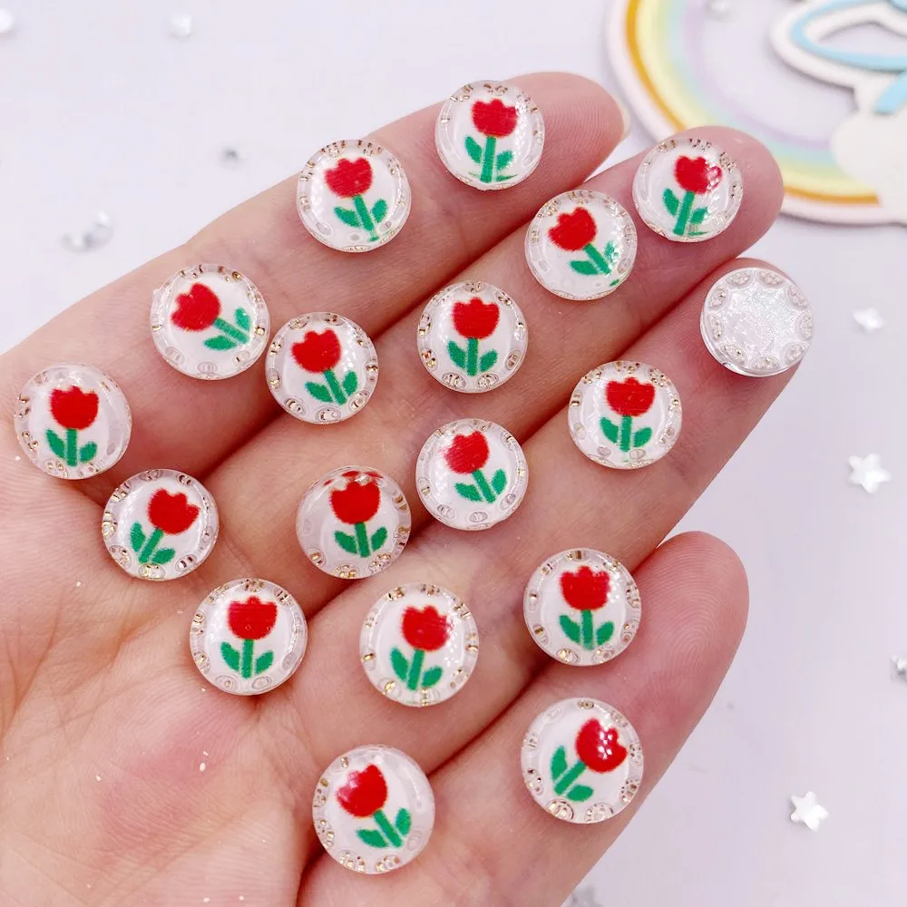 50pcs Resin Cute Colorful 10mm Round Tulips Flower Crystal Gem Flatback Rhinestone Applique DIY Buttons Scrapbook for Nail Craft