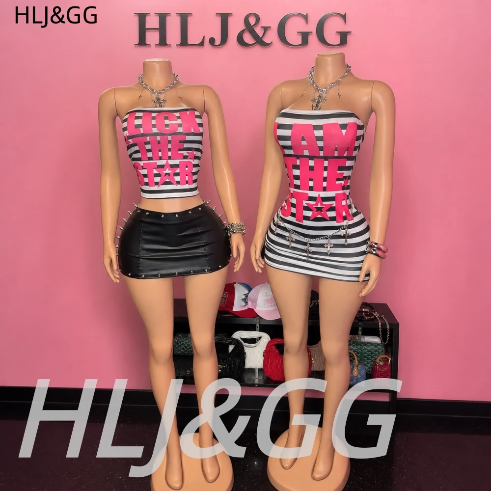 HLJ&GG Y2K Trend Stripe Letter Print Two Piece Sets Women Off Shoulder Crop Top And Mini Skirts Outfits Fashion 2pcs Streetwear