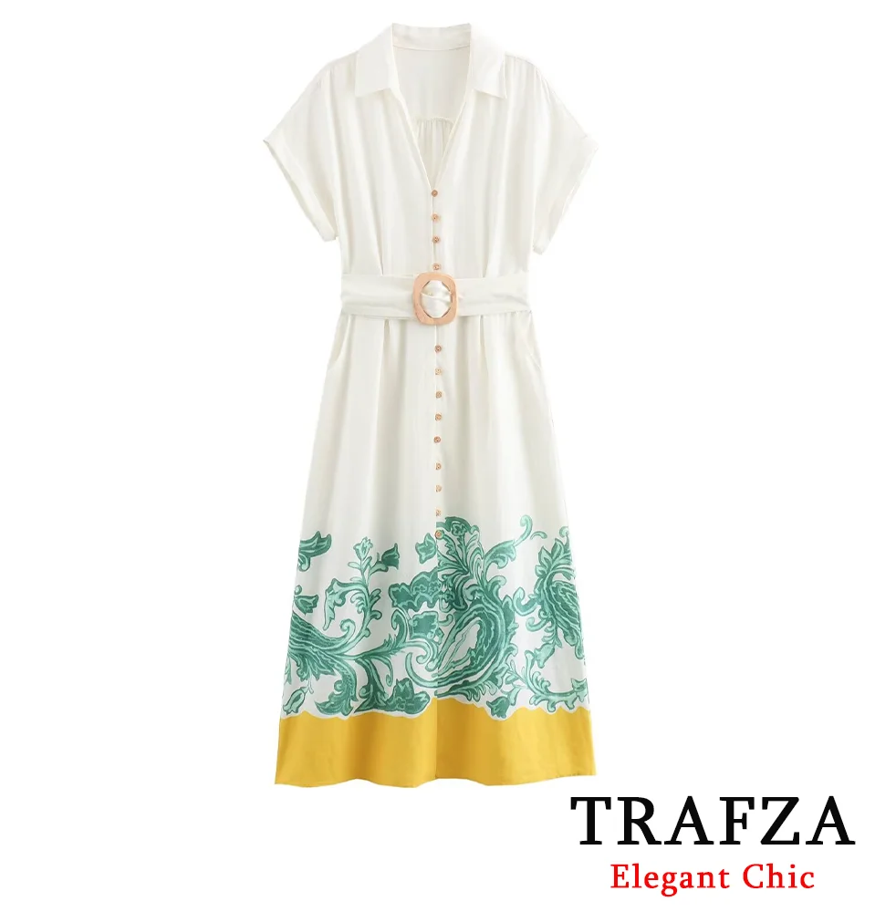 TRAFZA Casual Loose Blend Printed Dress Women's New 2024 Summer Fasion Holiday Dress Petticoat Style Lapel Belt Dress