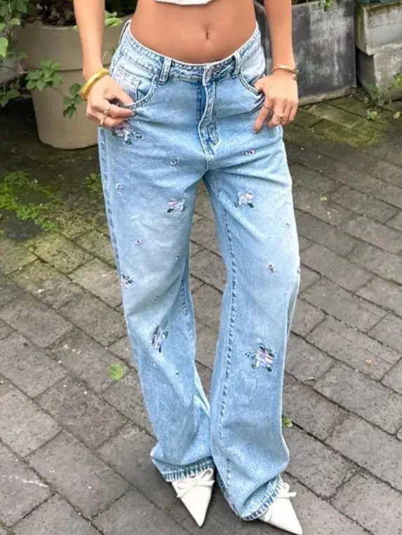 جينز جينز مطرز على الطراز الصيني الجديد للنساء، نمط أوائل الخريف، بنطال تنحيف واسع الساق مستقيم الساق #1