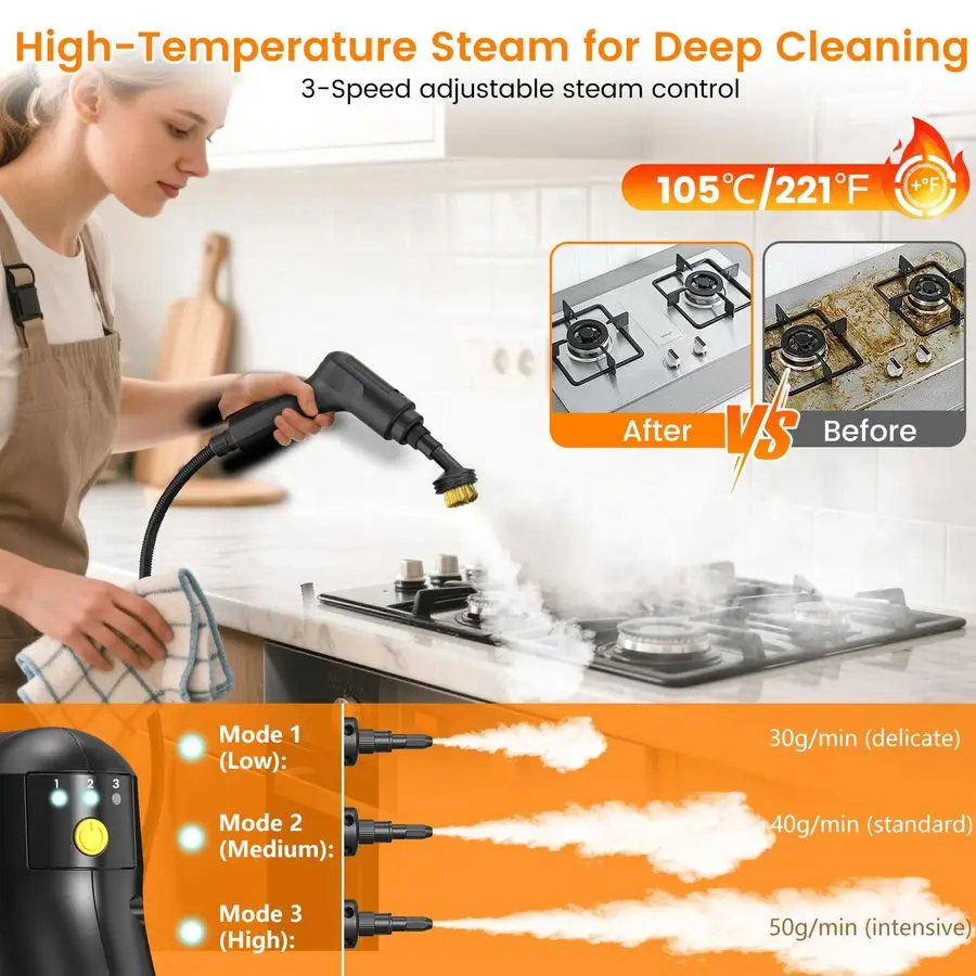 Steam Cleaner, 3Level Adjustable Handheld Steamer Cleaning for Home, 15s Fast HeatUp amp 47.3oz Tank, 2500W MultiSurface Portabl