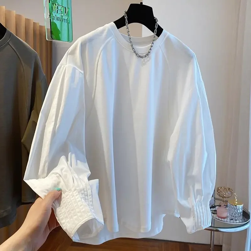 

Women White Long Sleeve Top Crew Neck Pleated Cuff Design Loose Casual Fall Blouse