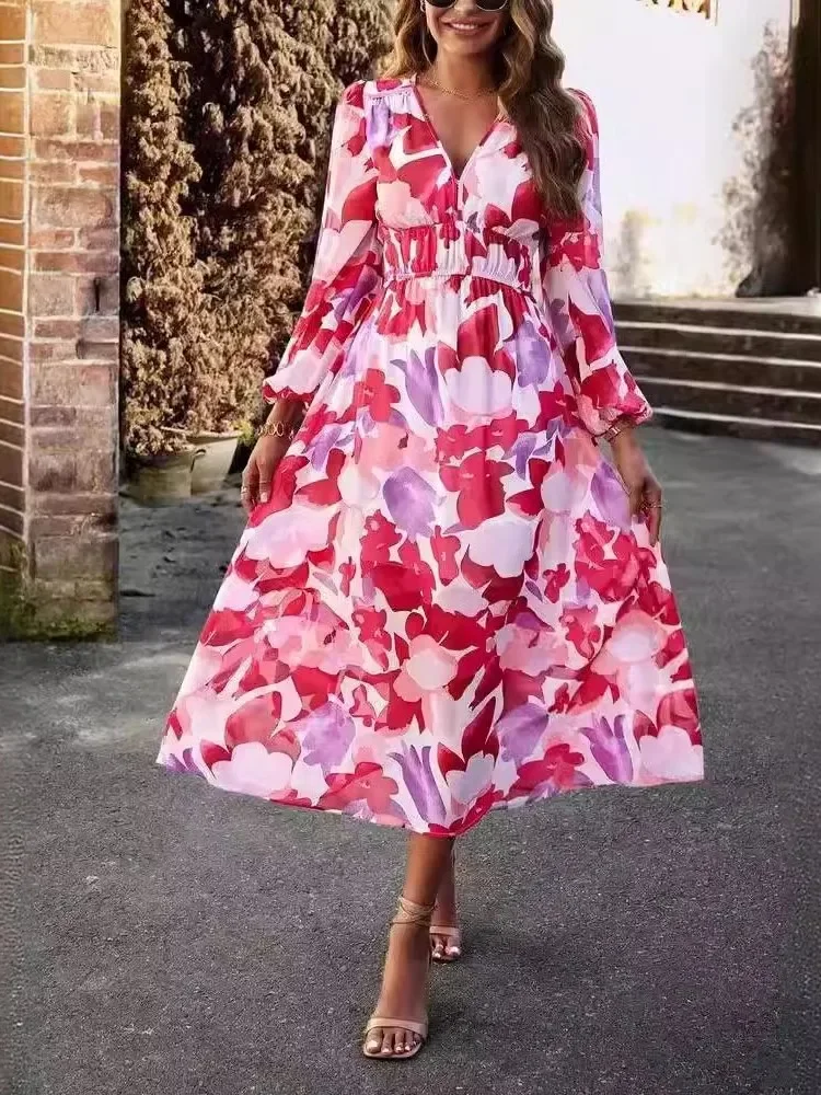 ฤดูใบไม้ร่วงของผู้หญิงใหม่แฟชั่นดอกไม้พิมพ์เซ็กซี่คอวีแขนยาวชุดโบฮีเมียนวันหยุดสไตล์หรูหรายาวสไตล์