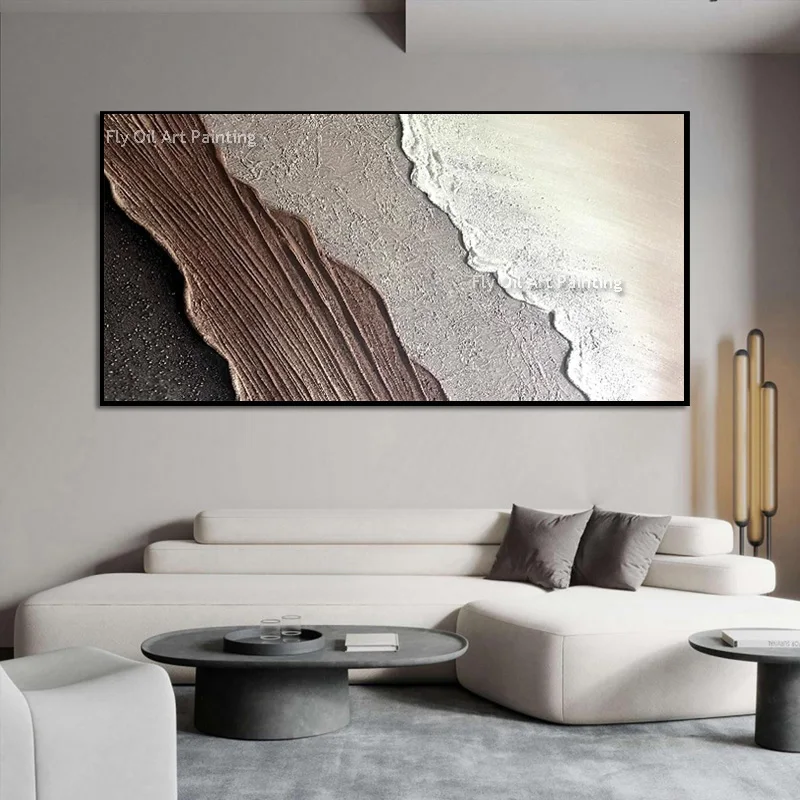 

Коричневый, бежевый, белый, абстрактный нож с морской волной, толстый холст, картина ручной работы, новый дизайн, белая стена, красочная картина маслом, декор