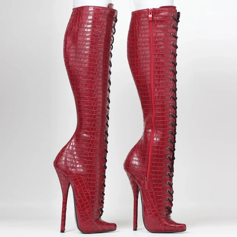 CACA 18cm High Heels Ballet Boots,Stage Show Pole Dance Shoes,Sexy Knee High Botas,Crocodile Pattern Leather,Red,Custom Colors,