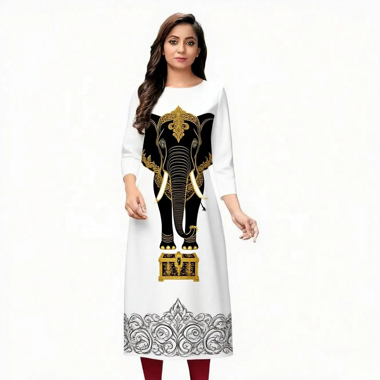 Abito da donna kurt alla moda a maniche lunghe a tubo dritto, casual, girocollo, motivo elefante.