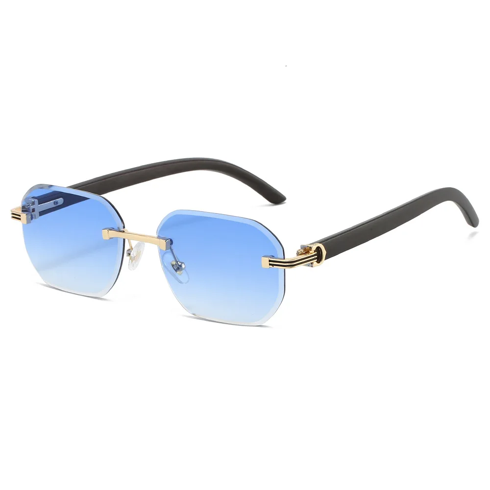 Hexagon Rimless Sunglasses Men Women Fashion Eyewear Wooden Texture Temple Simplify Square Sun Shades