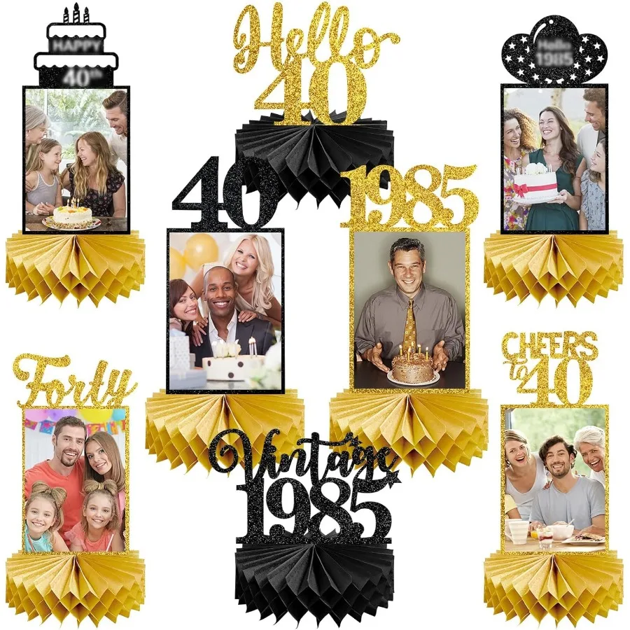 8 peças decorações de 40o aniversário peças centrais de favo de mel para mulheres homens preto ouro vintage 1985 40o aniversário foto peças centrais de mesa