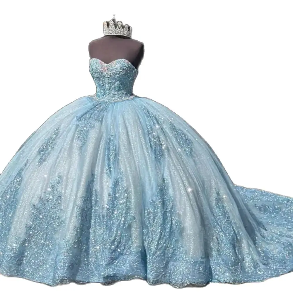 Champagner glänzendes Quinceanera-Kleid mit Spaghettiträgern, Prinzessin-Abschlussballkleid, goldene Applikationen, Spitze, Perlen, Tüll, süßes 16-Kleid