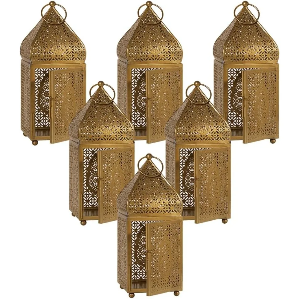 Moroccan Lightweight Thin Gold Ornate Candle Lantern, Antique Gold Lantern, Decorative Candle Holders, Pack of 6