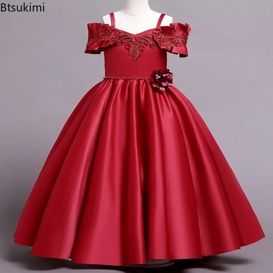 2026 New Fashion Pearl Embroidered Satin Dress Carnival Birthday Wedding Flower Child Clothing Girl's Bow Dress 4-12 Year Old