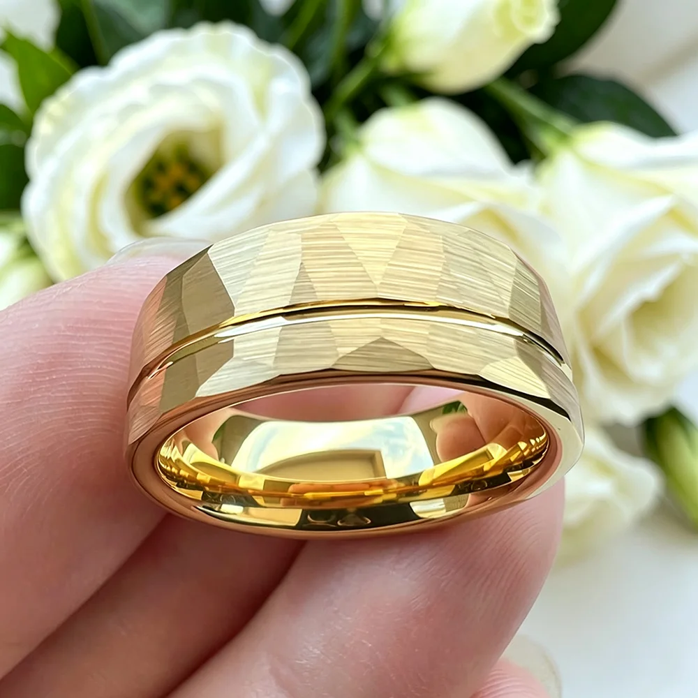 Simple 8mm Gold Color Stainless Steel Rings For Men Women Offset Line Matte Finish Ring Men Wedding Band Party No Fade Wholesale