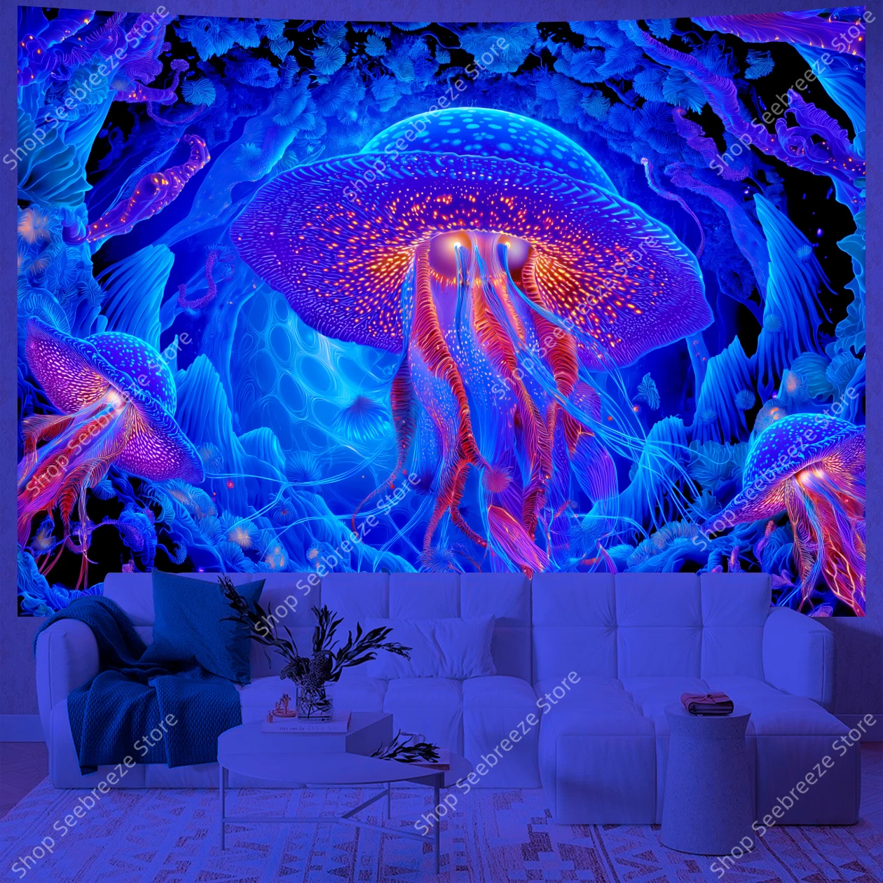 متوهجة قنديل البحر بوذا التأمل الأشعة فوق البنفسجية نسيج مع لوتس والمرجان باطني اليوغا غرفة نوم ديكور بوهو جدار الشنق الفن