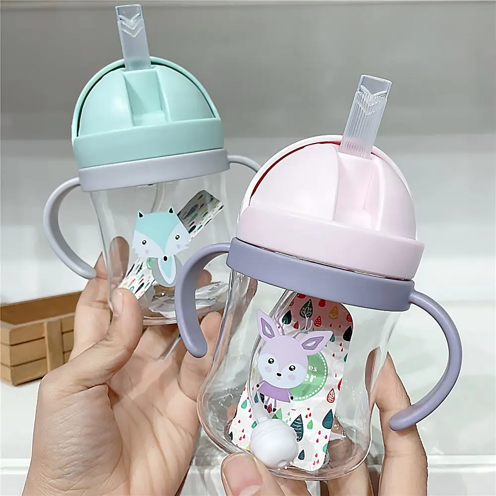 250ML Cartoon Sippy Cups for Toddler and Kids Child Learning Cup Water Bottle with Straw and Gravity Ball Handle Feeding Cup