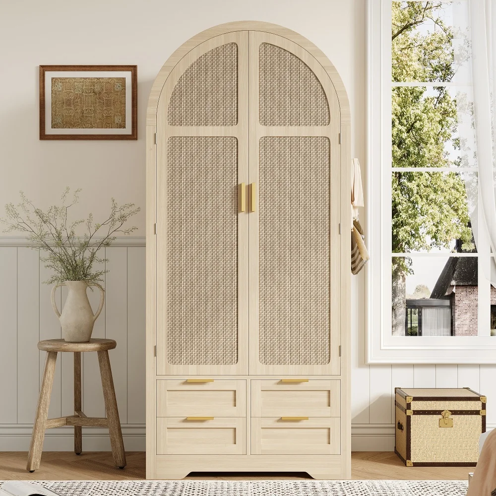 PINGGO Moderner Kleiderschrank mit Gebogenen Türen Großzügiger Stauraum Kleiderstange Schubladen Luxuriös für Schlafzimmer Eingangsbereich – Detail 9