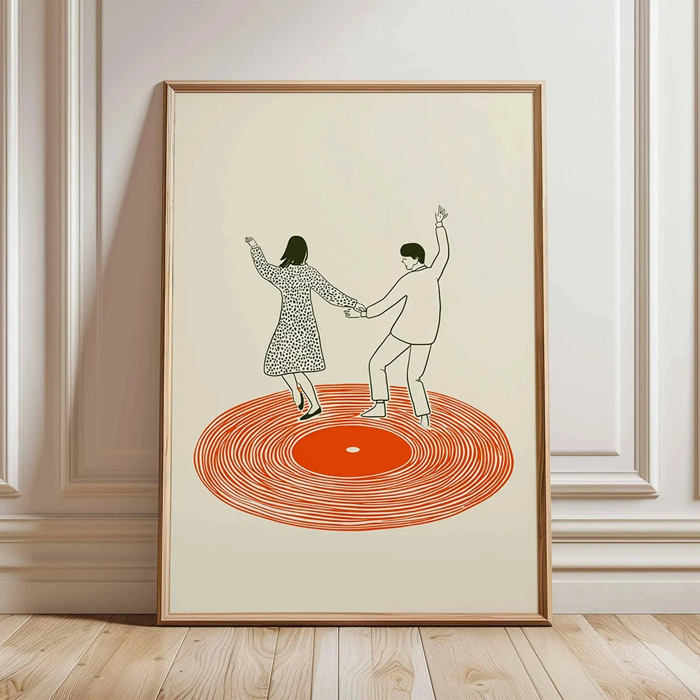 Dancing Couple Wall Art Print, Retro Record Player Poster, Modern Music Inspired Illustration for Home Decor Bar or Living Room