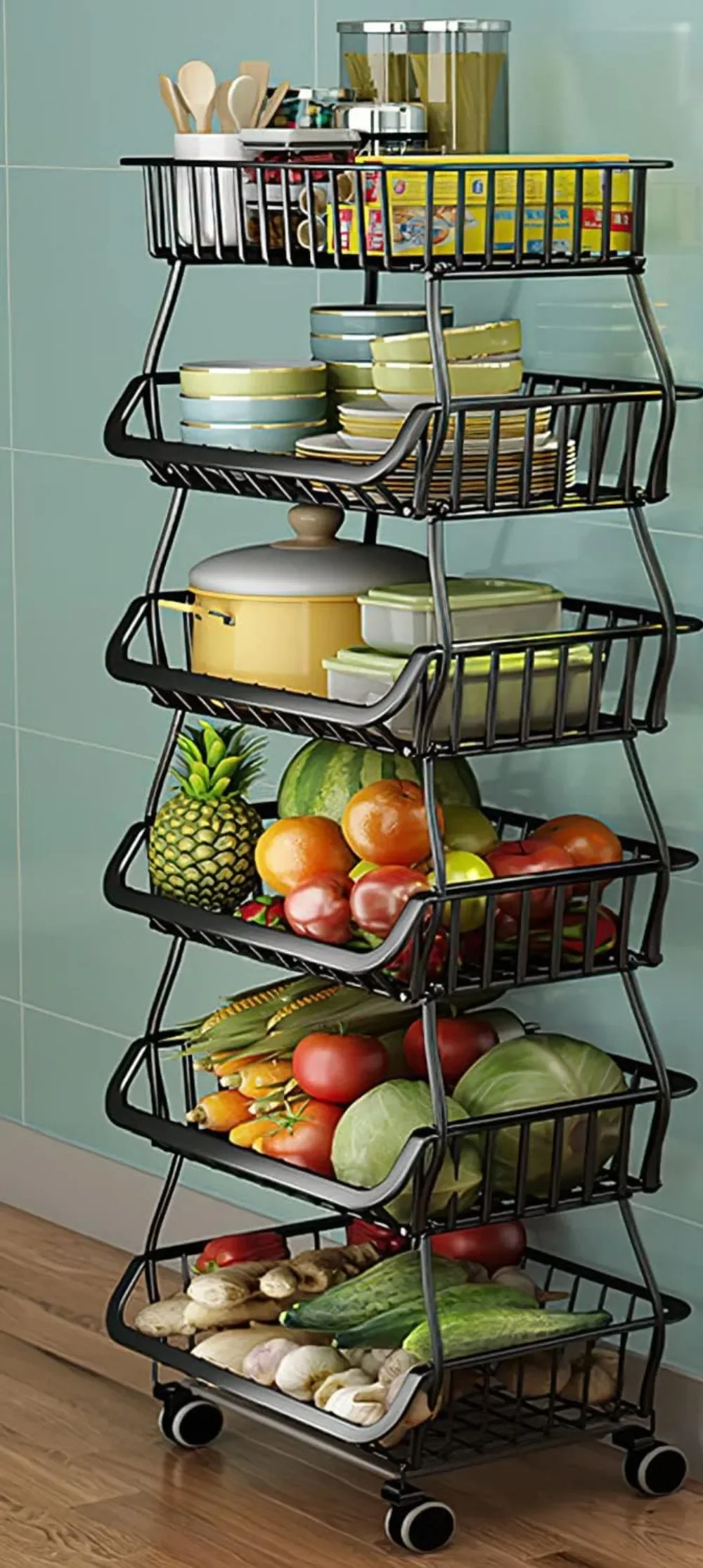 

6 Tier Fruit Vegetable Storage Basket for Kitchen, Stackable Metal Wire Storage Baskets Organizer with Wheels Fruit Vegetable