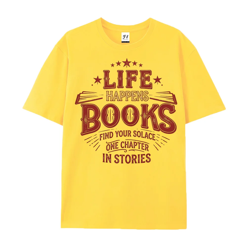 Women T Shirt Life Happens Books Letter Print Vintage Bookish Graphic Tee Coquette Aesthetic Casual Loose Pink Summer Top Gift