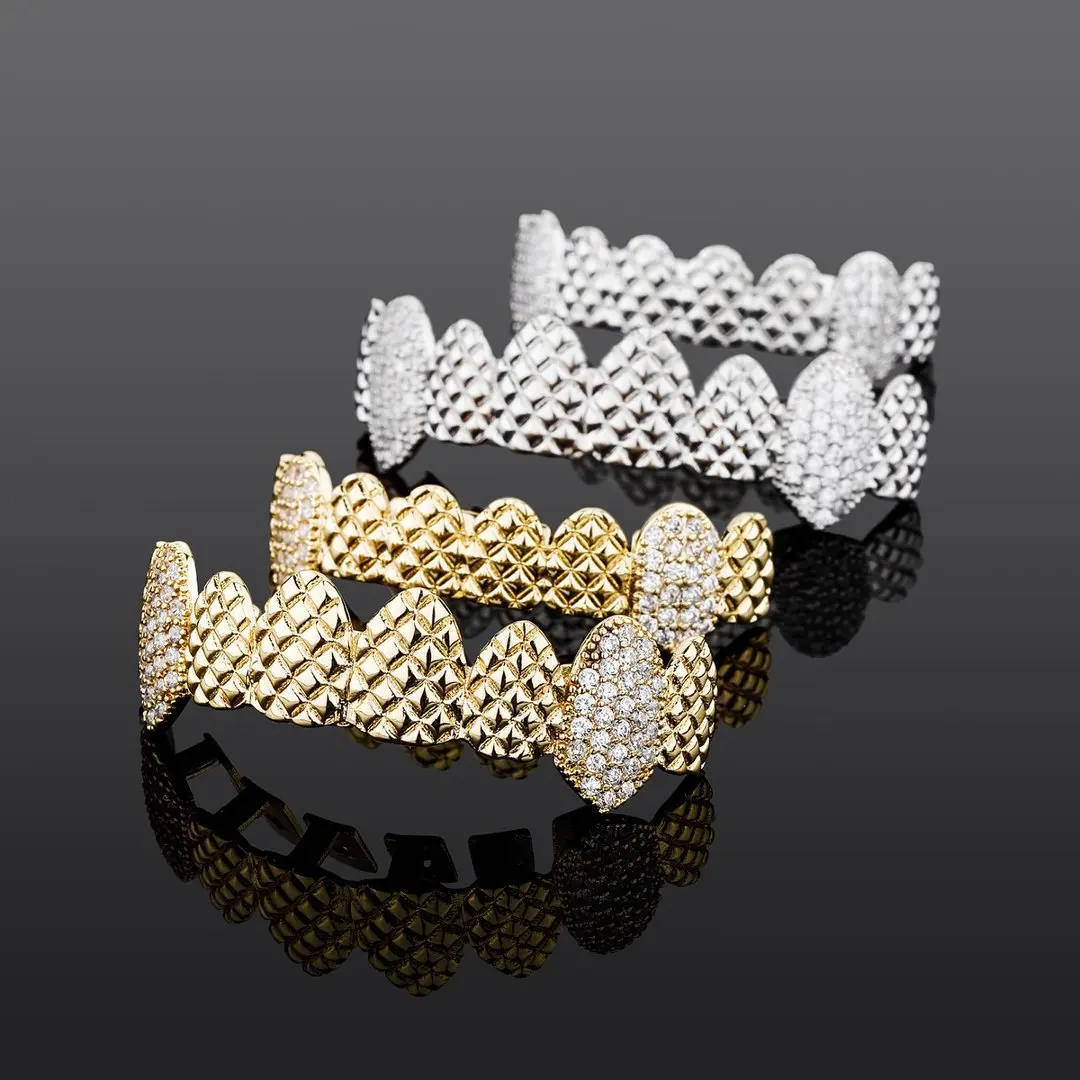 Gold Silver Tone 8 Teeth Grillz Set Pyramid Spike Texture Iced Out Zircon Top Bottom Teeth Cap Hip‑Hop Rapper Jewelry