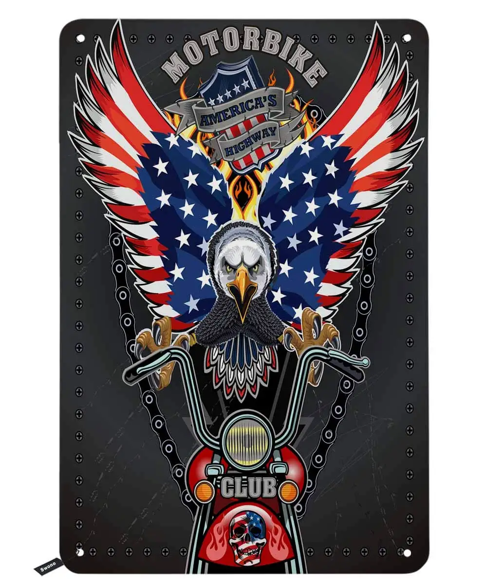 Swono Motorbike Tin Signs,Cool Eagle Ride on The Motorbike with USA Flag Vintage Metal Tin Sign For Men Women,Wall Decor for Bar