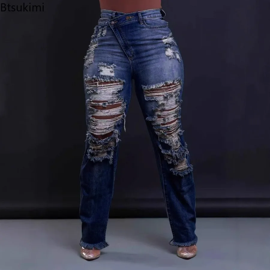 Women's Mid Waist Ripped Fringe Jeans Vintage Distressed Denim Pants Washed Blue Full Length Casual Streetwear Trendy Daily Wear