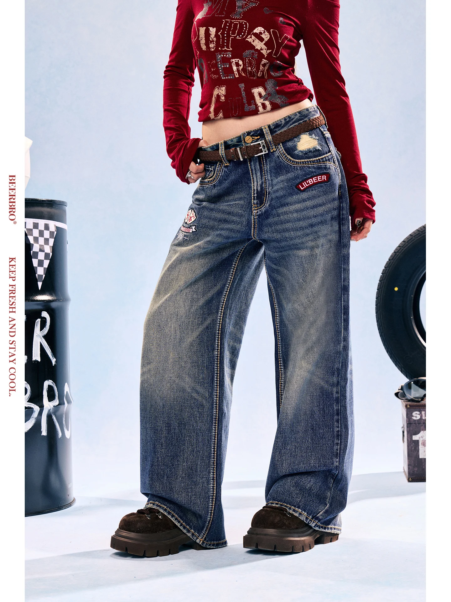 

Джинсы BeerBro Racing Pulse American Bae с вышивкой, износостойкие, прямого кроя, из хлопкового денима, с низкой посадкой, на пуговицах