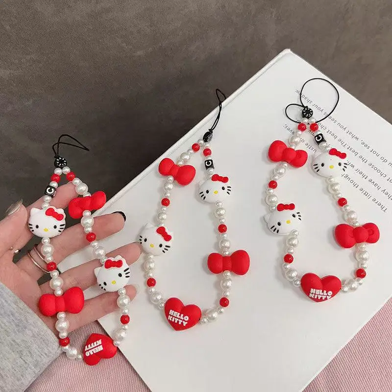 سانريو مرحبا كيتي Kawaii اللؤلؤ حزام المفاتيح المعلقات حامل سيليكون مكافحة فقدان سلسلة كروسبودي للهواتف سلسلة أنيمي هدية #1