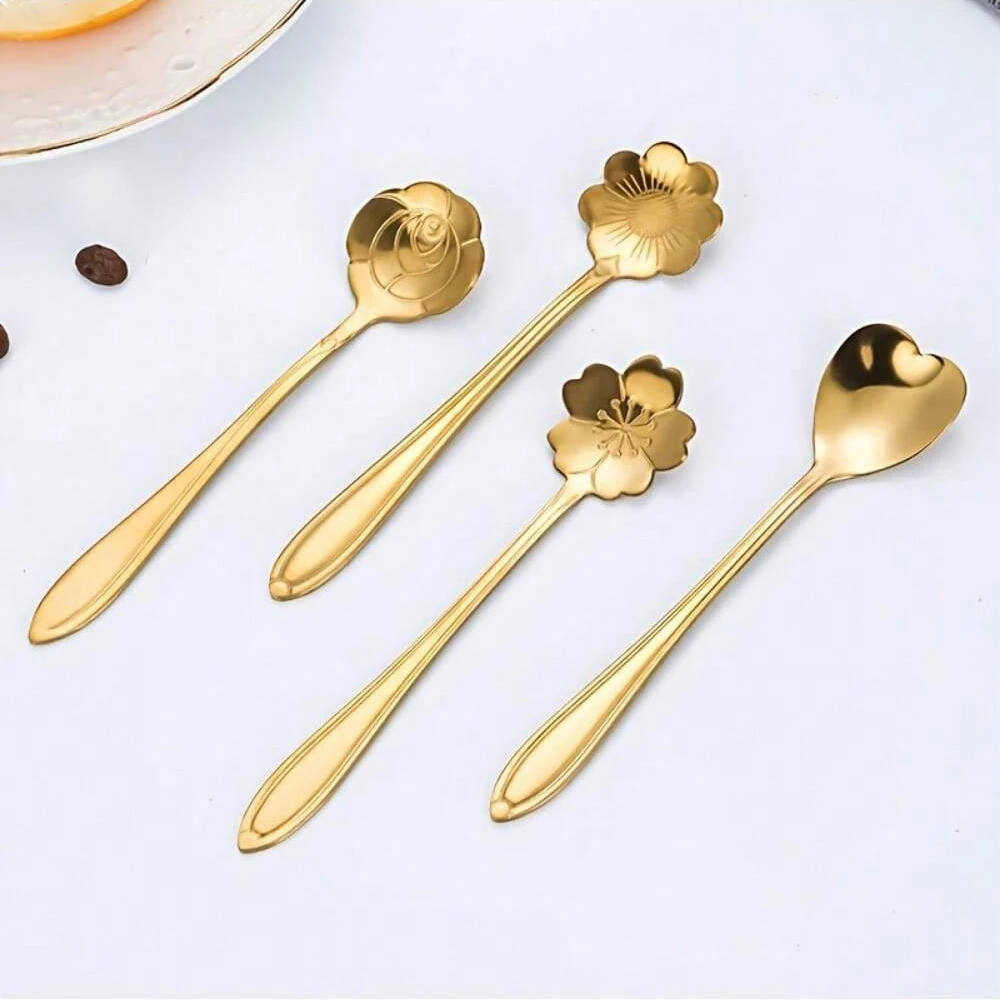 Stainless Steel Flower Spoon Set Ice Cream Coffee Dessert Milk Powder Honey Spoon Long Handle Stirring Spoon Spoon Tableware