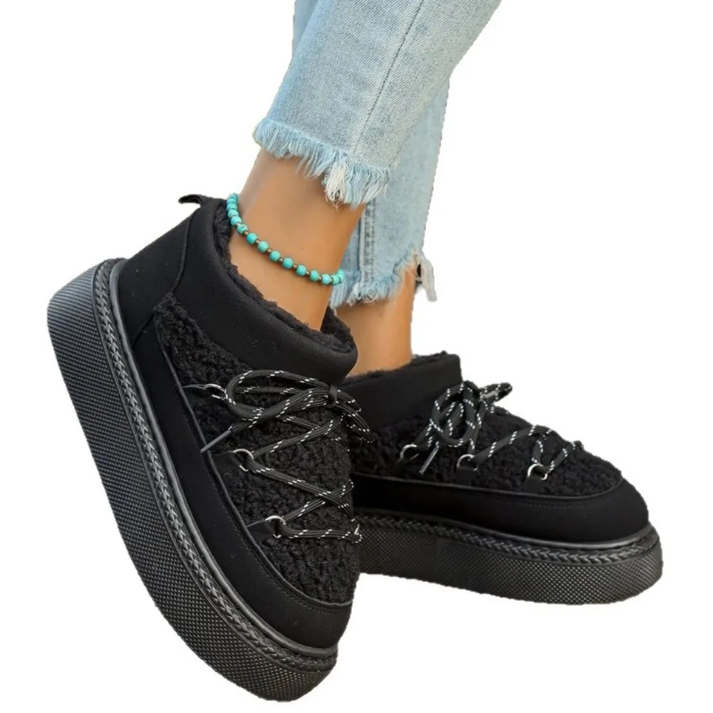 المرأة أحذية بوت قصيرة مستديرة تو تقسم أفخم الدانتيل متابعة منصة أمامية المضادة للانزلاق مقاومة للاهتراء أحذية قطنية 2025 الشتاء الثلوج الأحذية