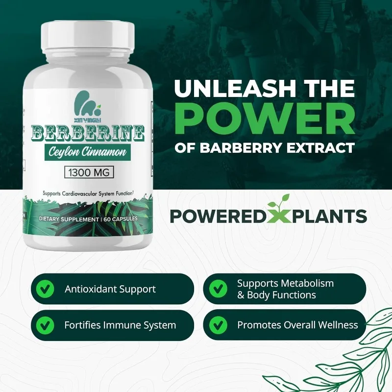 1300mg Berberine Supplement Containing Ceylon Cinnamon for Metabolic and Immune System Support -60 Capsules