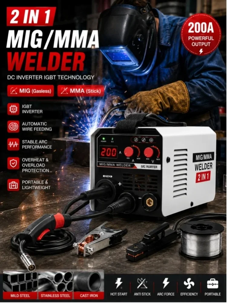 2-in-1 MIG & MMA Schweißgerät, IGBT DC Inverter Gasgeschützter Lichtbogenschweißer mit automatischem Drahtvorschub