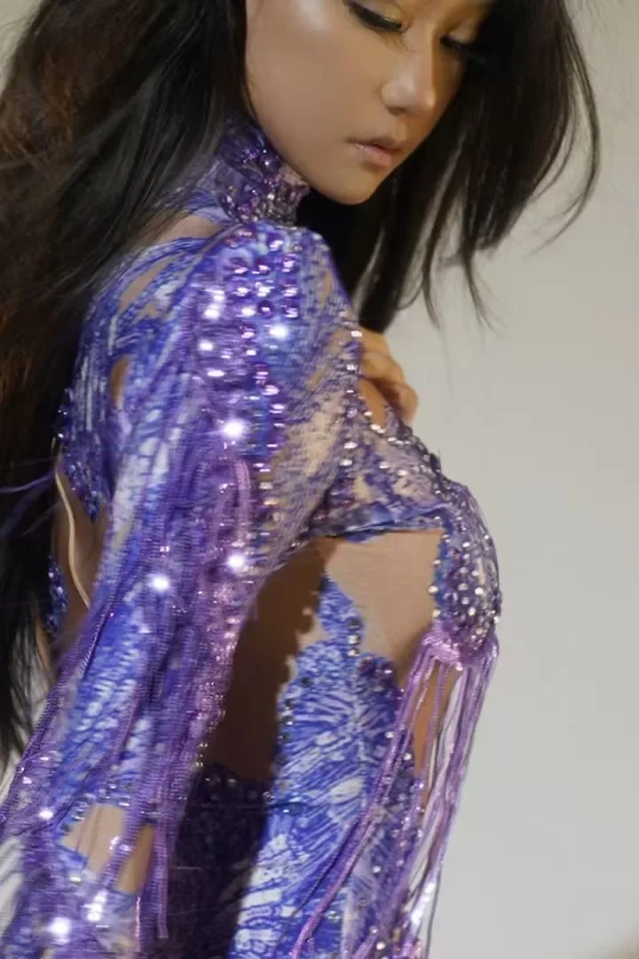Show girl Dance Purple Sequins Fringes Bodysuit Women Sexy Stage Performance Dance Costume Nightclub  Leotard Celebrate Outfit