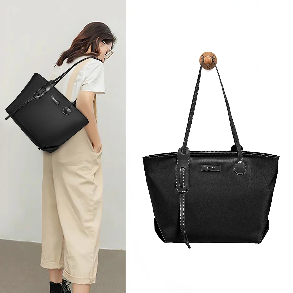 FOXER Women's Large Capacity Fabric Canvas Tote Lady Multi-Pocket Zip Shoulder Handbag Female Daily Work Commuter Shopping Bag