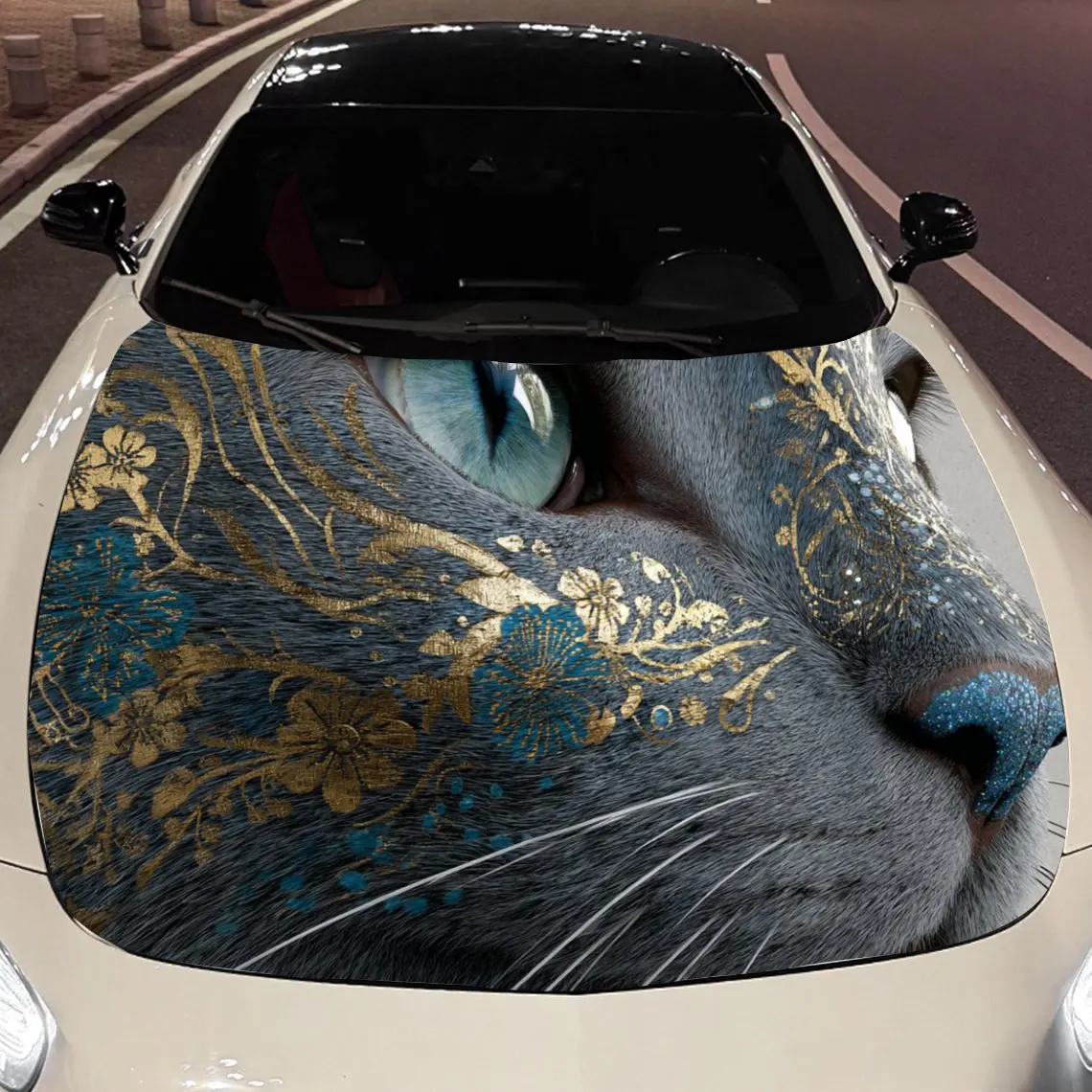 

A gray cat with green markings Car Hood Vinyl Stickers Car Surface Protection Decal Car Decoration Cover Vinyl Wraps Waterproof