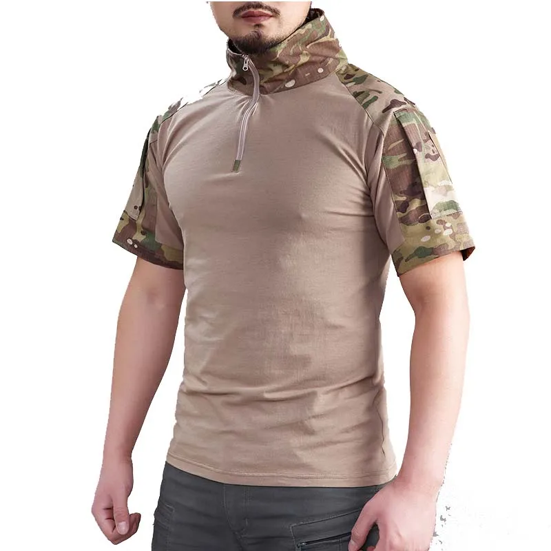 

Summer Short Sleeve Combat Shirts Men 1/4 Zipper Cotton Tactical T Shirt Hiking Outdoor Training Shirts Wear Resistant Tops