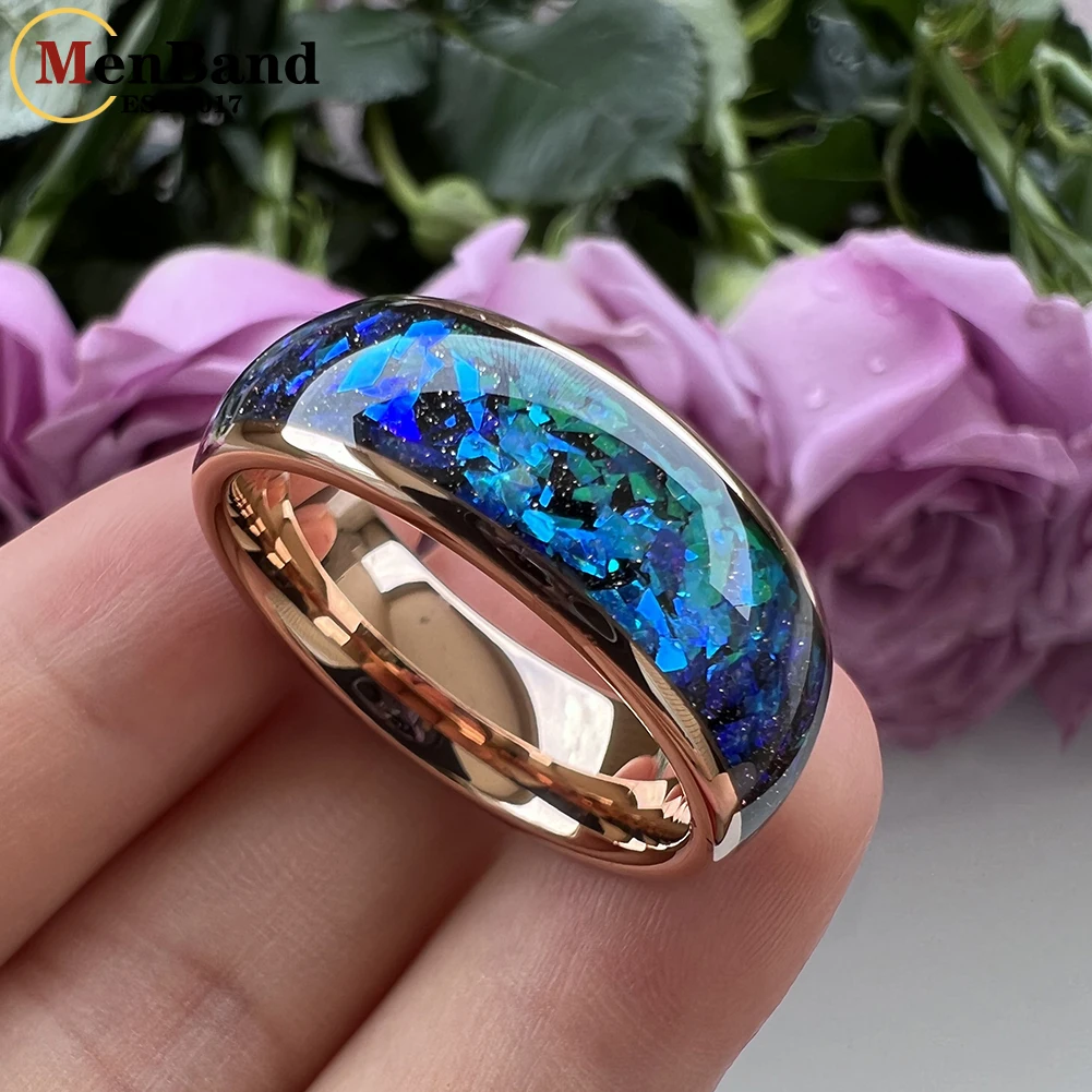 MenBand Fashion New Arrivals 8MM Tungsten Wedding Band Ring Middle Groove Inlaid With Blue Opal Domed Polished Comfort Fit