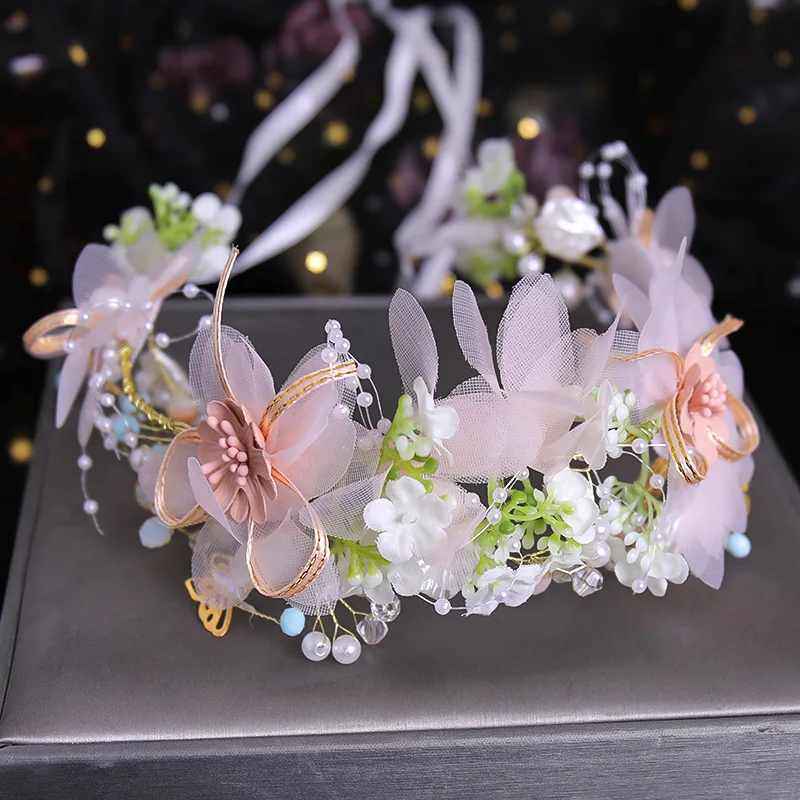 Sweety Fairy Flower Crown Forest Style Pink Flower Pearl Wreath Wristband For Women Girls Wedding Performance Hair Accessories