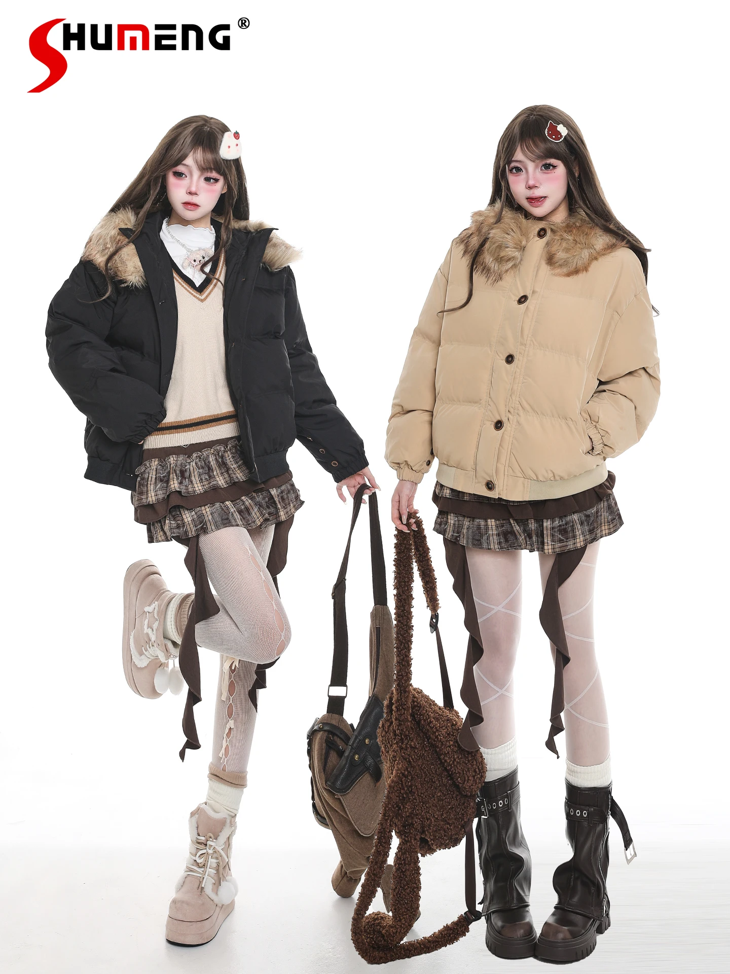 

2025 Women's Winter Coats Japanese Sweet Cool Girl Cotton Jacket Detachable Fur Collar Hooded Thick Padded Short Coat for Women