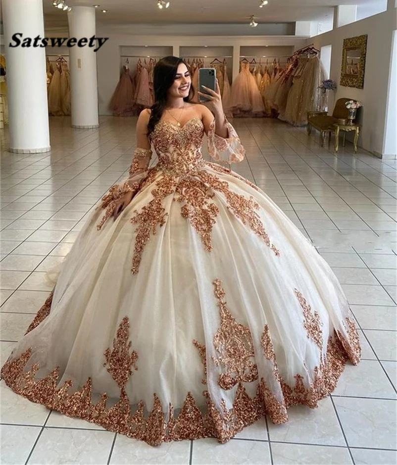 Sweetheart Ball Gown Princess Puffy Sweet 16 Dress Beaded Appliques Quinceanera Dresses With Half Sleeve Vestidos De 15 Años