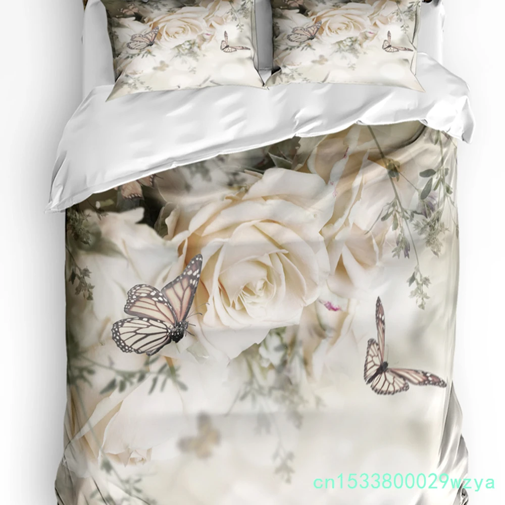 Plant Dream Rose Flower Butterfly Bedding Set 3pcs Duvet Cover Pillowcase Kids Adult Quilt Cover Double Bed Set Home Textile