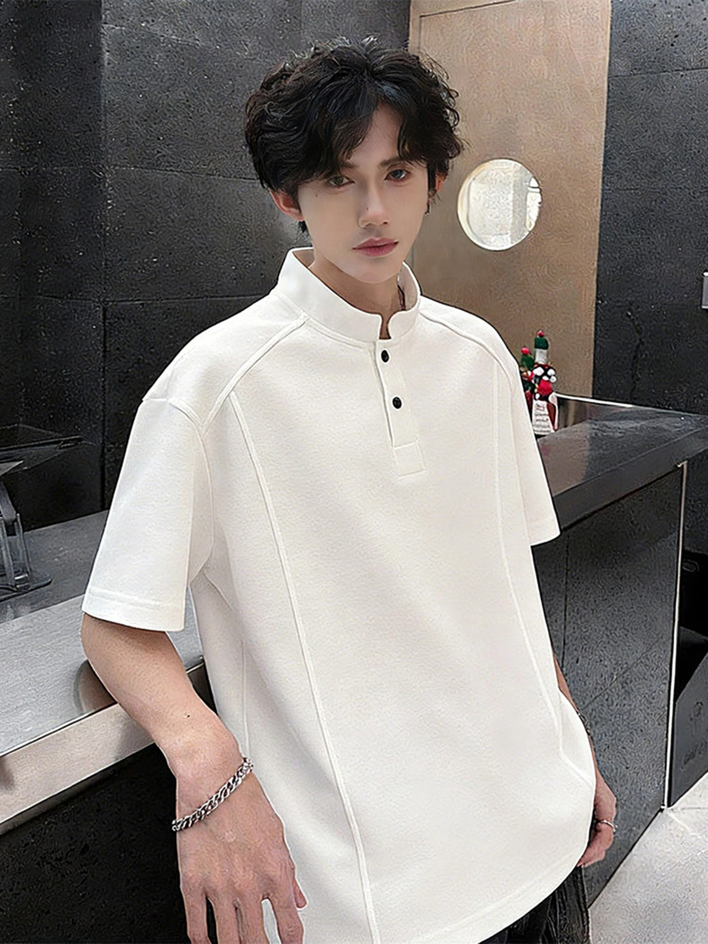 White American Style Heavyweight  Shirt Short Sleeve Men's Summer Henry Collar Correct Shoulder T-Shirt High-End Feeling ...