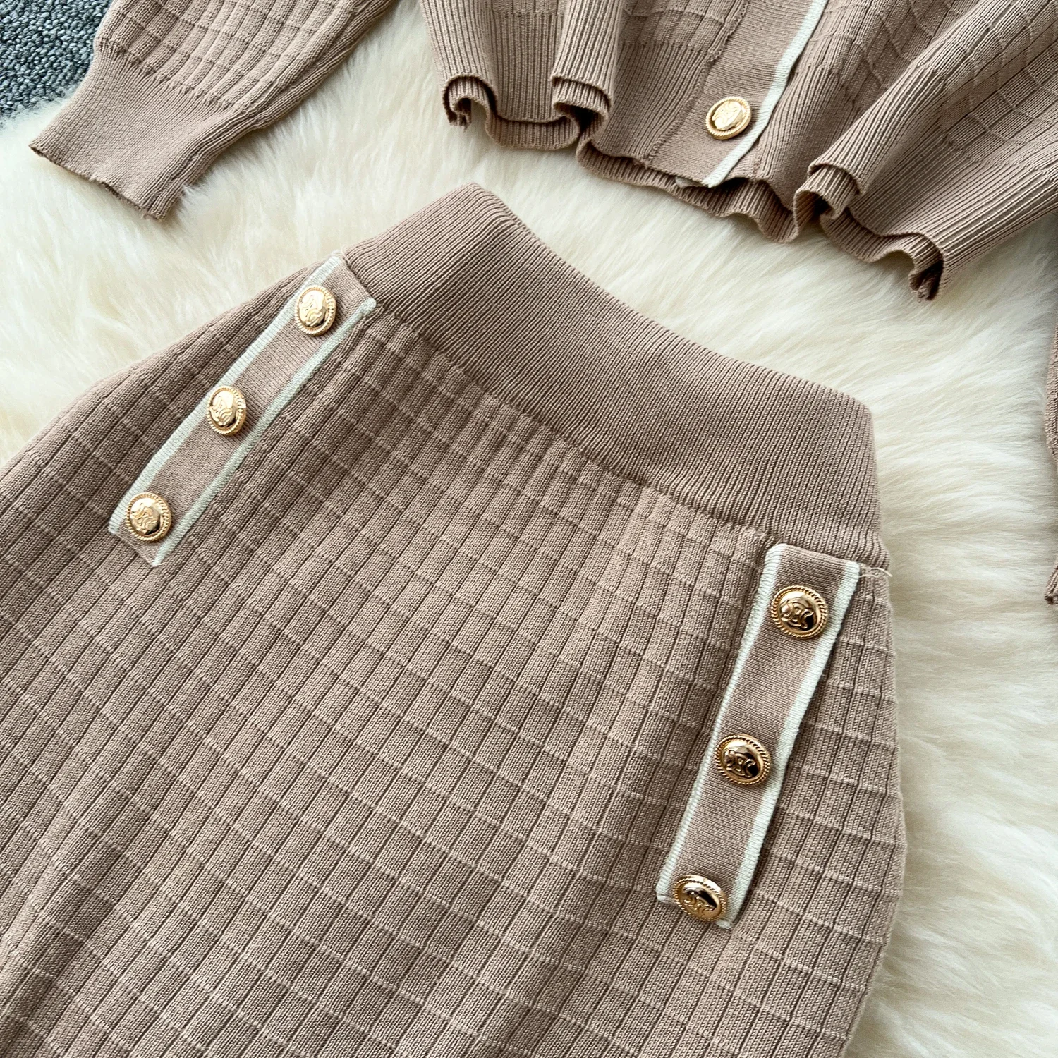 Chic Knit Women Two-Piece Sets Turn-down Collar Single Breasted Slim Top High Waist Skirt Korean Fashion Autumn Winter Clothing