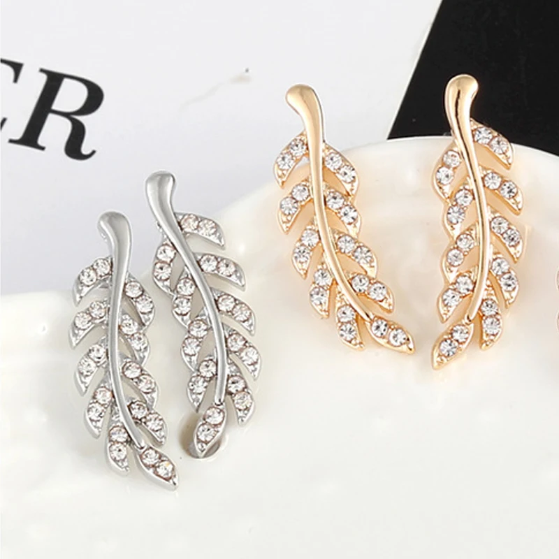 Hollow Out Leaves Earrings for Women Trendy Vintage Crystal Ear Stud Wheat Unique Design Silver Golden Color Girl Jewelry Gift